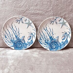 Cracker Barrel Hand Painted Stoneware Coastal Shell Starfish Salad Plates Set 2